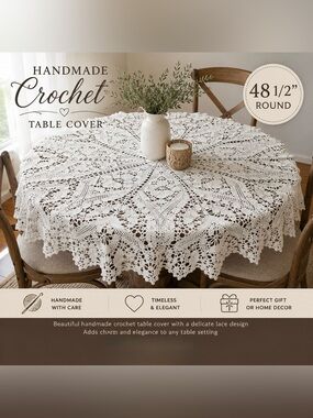 Handmade Vintage Crochet Round Table Cover 48.5” – Ivory Floral Lace